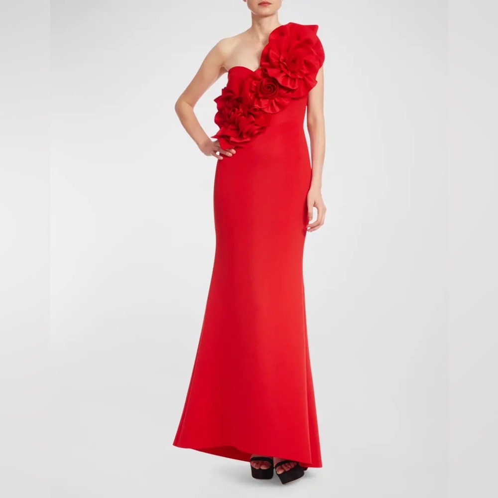 Badgley Mischka Collection
One-Shoulder Rosette Scuba Gown
Floral red dress